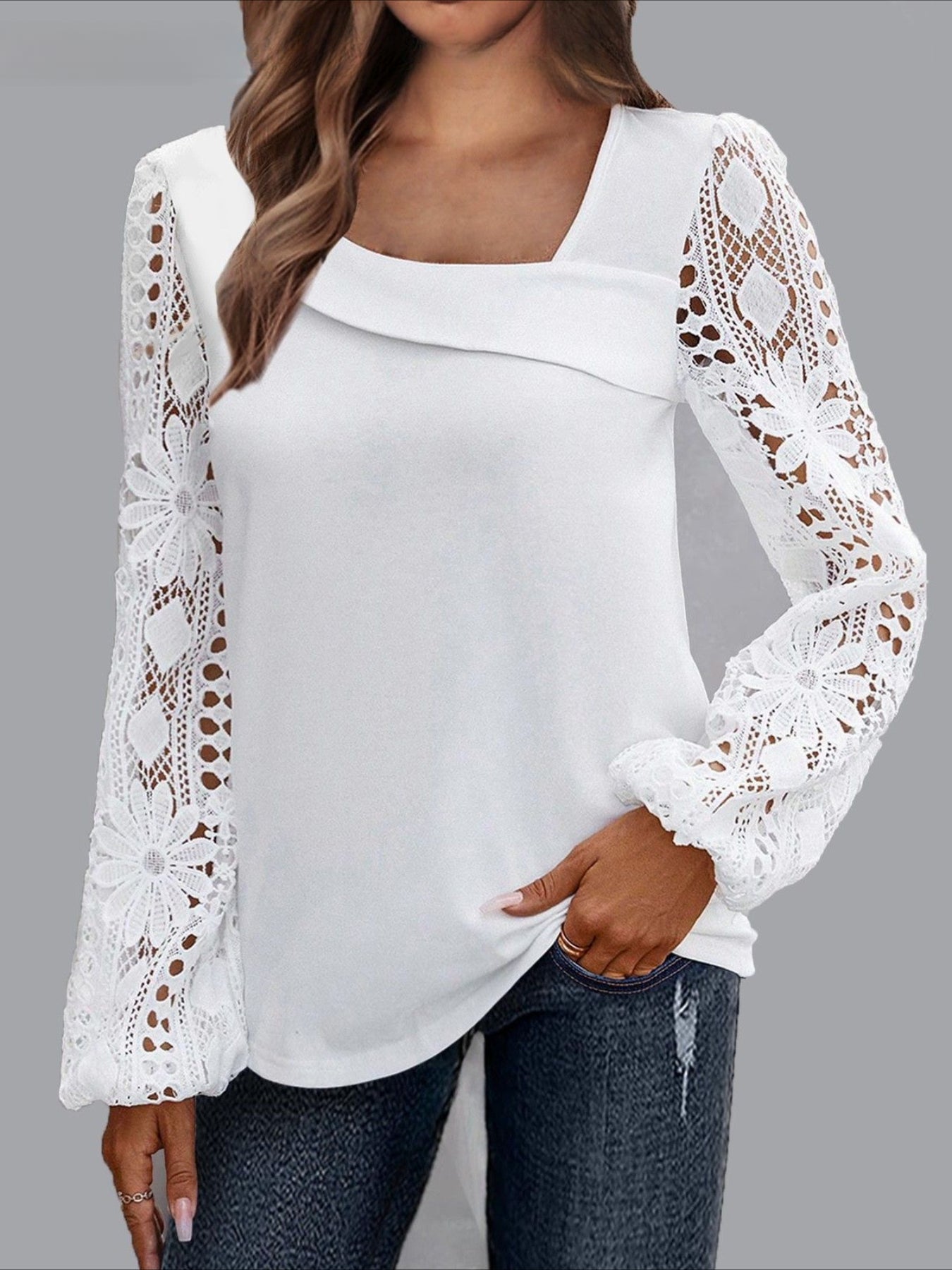 Eyelet Casual Solid Color Regular Long Sleeve Asymmetrical Lace Patchwork Tops