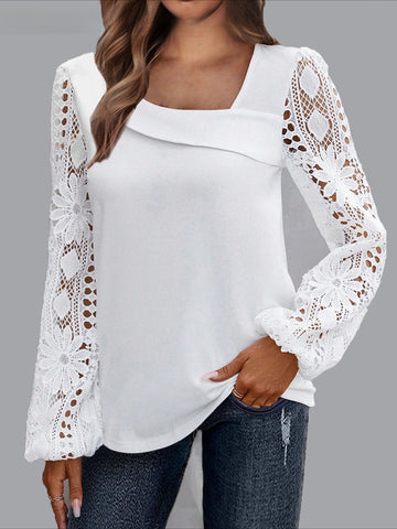 Eyelet Casual Solid Color Regular Long Sleeve Asymmetrical Lace Patchwork Tops
