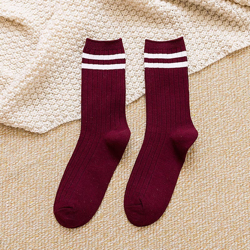 5/10 Pairs Solid Patched Stripes Crew Socks, Basic Sports Business Stockings
