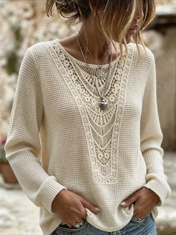 Pineapple Checked Lace Splicing Long Sleeve Solid Color T-shirt