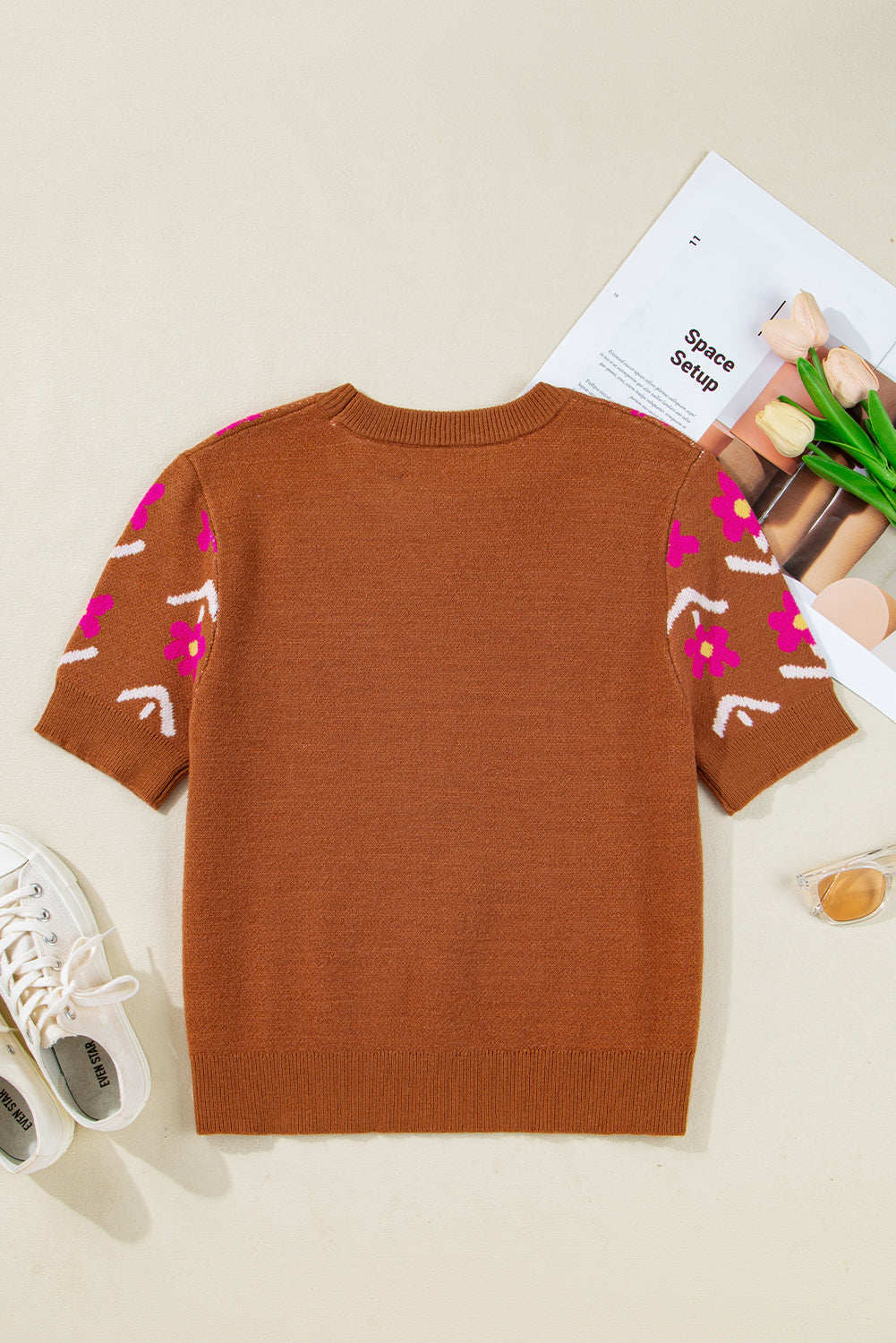 Brown Floral Short Puff Sleeve Sweater