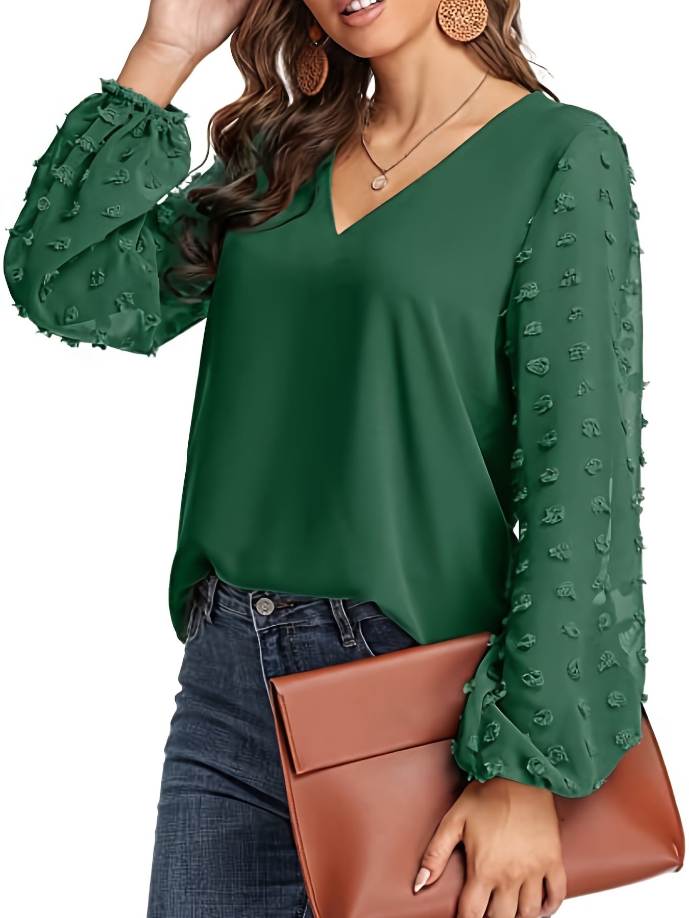 Swiss Dot Sleeve Shirt, Casual V Neck Solid Shirt