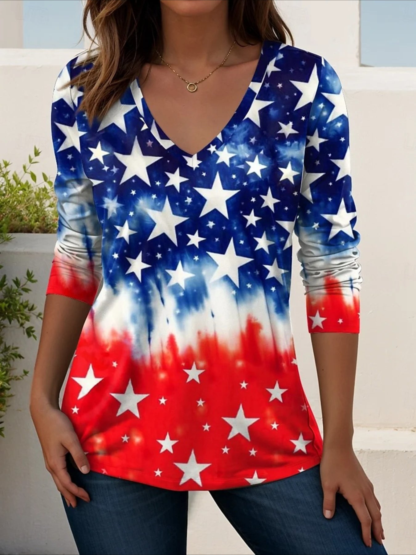 Casual Independence Day (Flag) V Neck Long Sleeve T-shirt