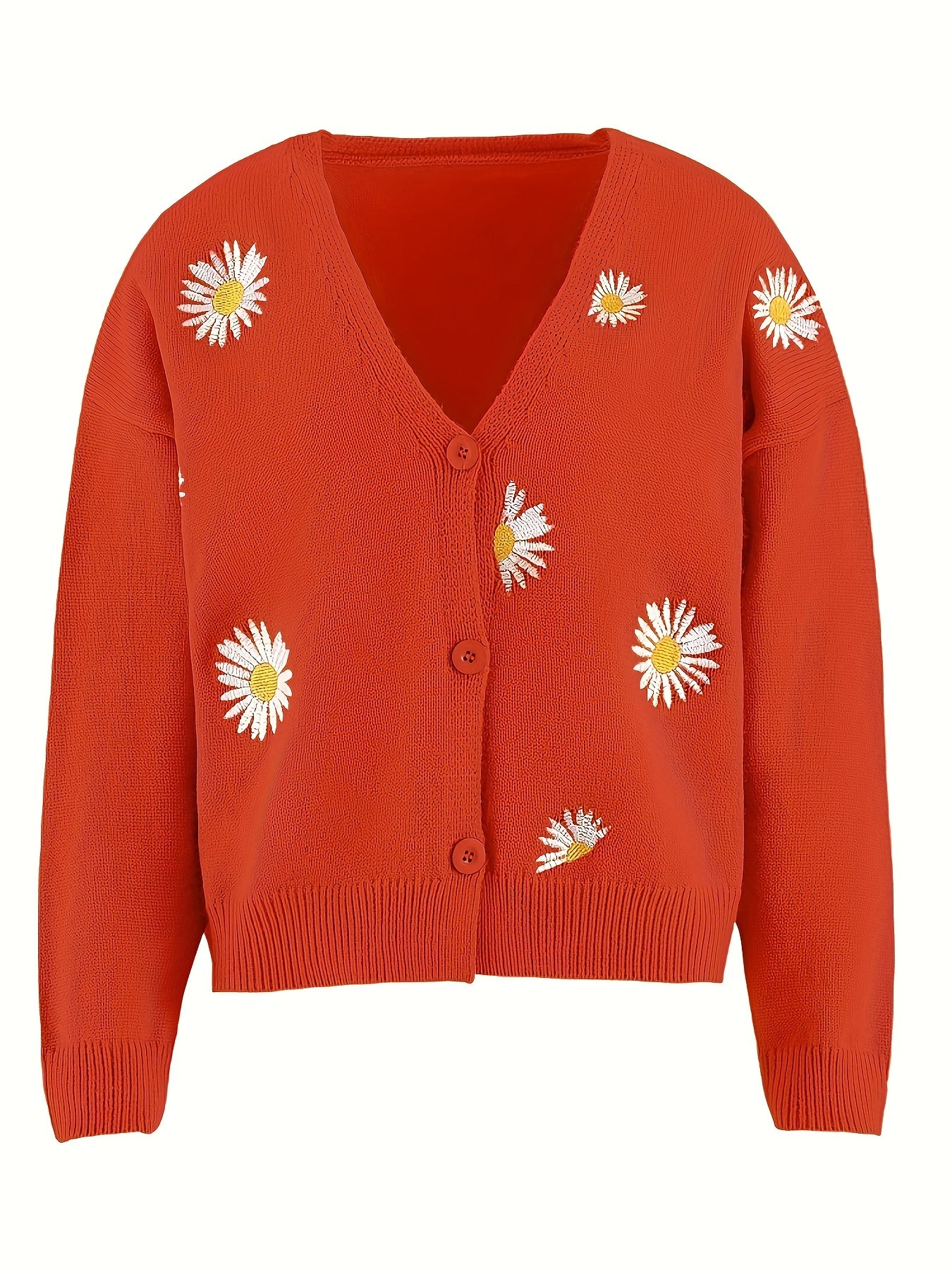 Daisy Pattern Embroidered Knitted Cardigan, Button Front Elegant Long Sleeve Sweater
