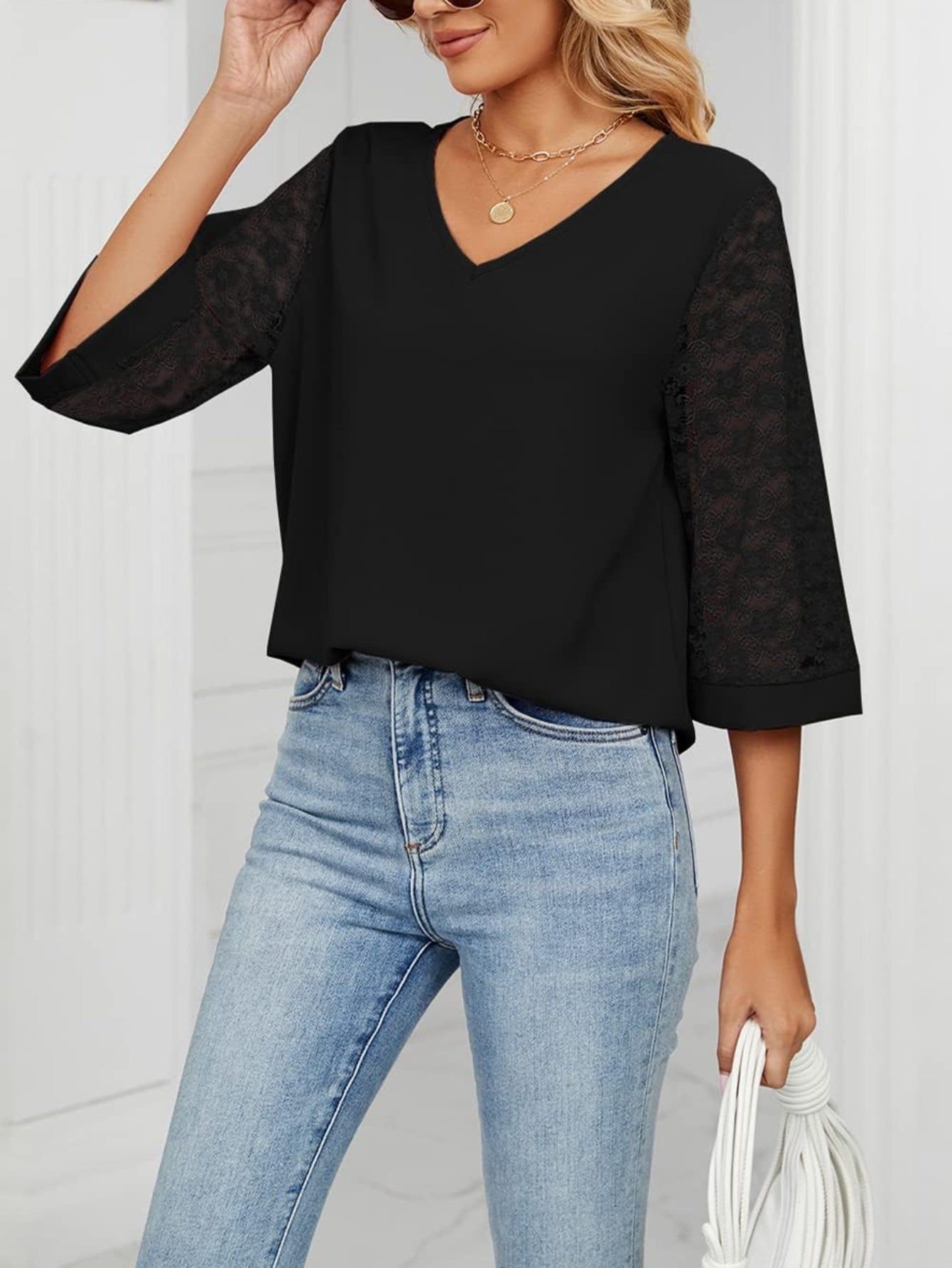 Casual 3/4 Sleeve Lace Chiffon Solid T-Shirt