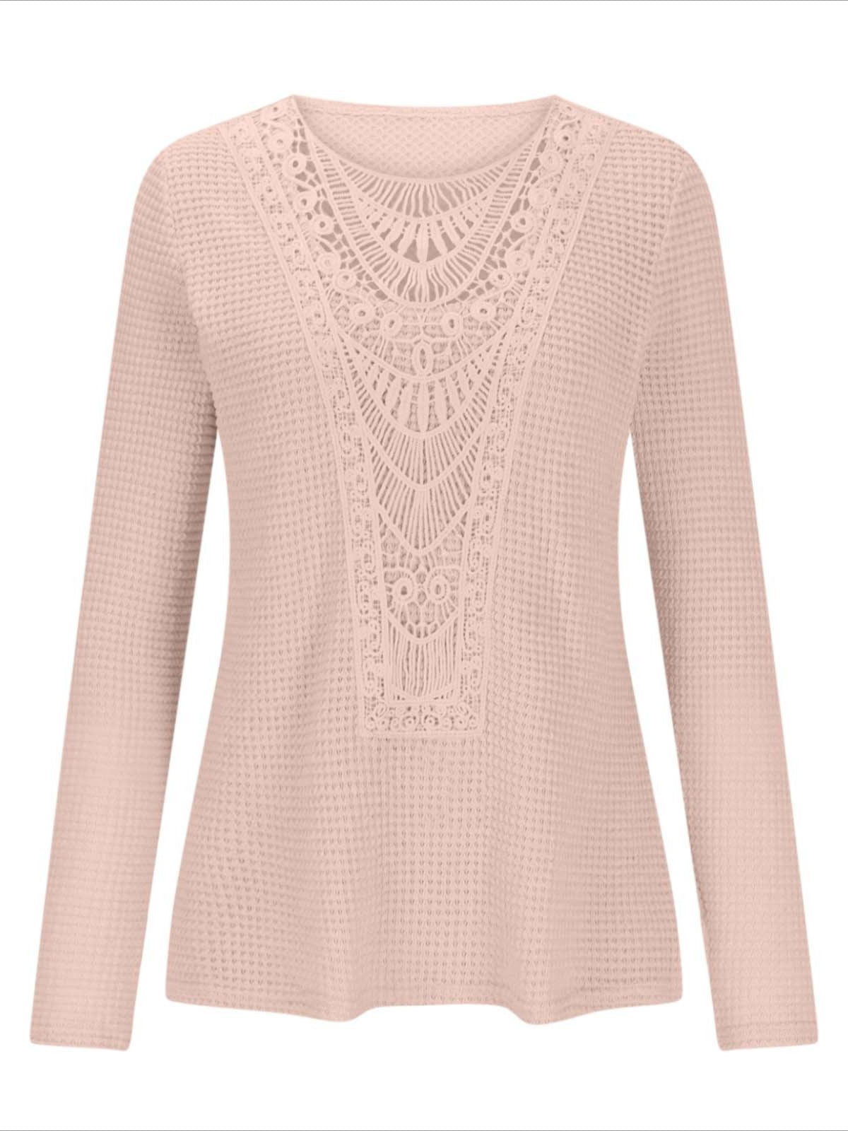 Pineapple Checked Lace Splicing Long Sleeve Solid Color T-shirt