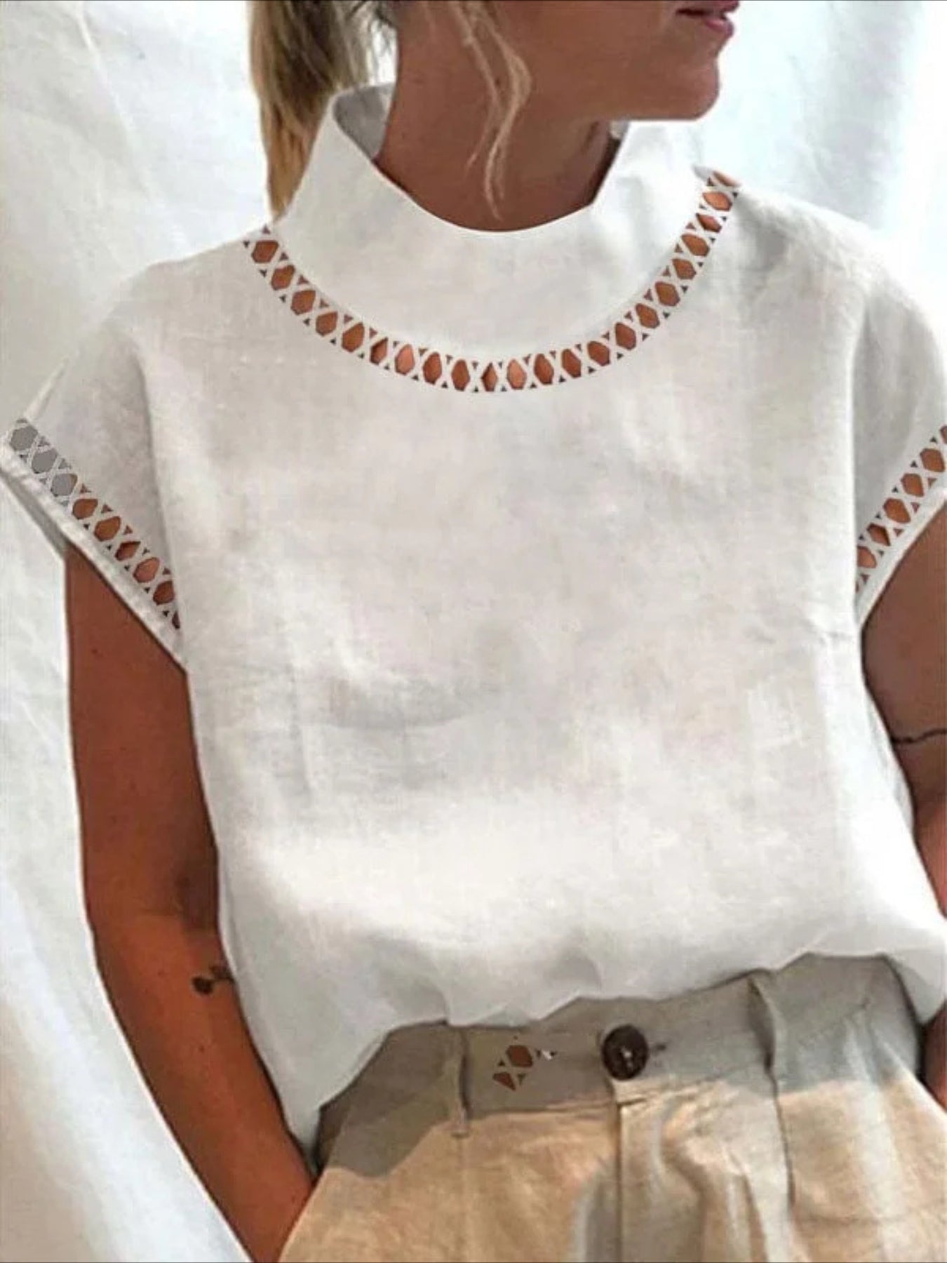 Solid Color Basic Casual Short Sleeve High Neck Regular Tops