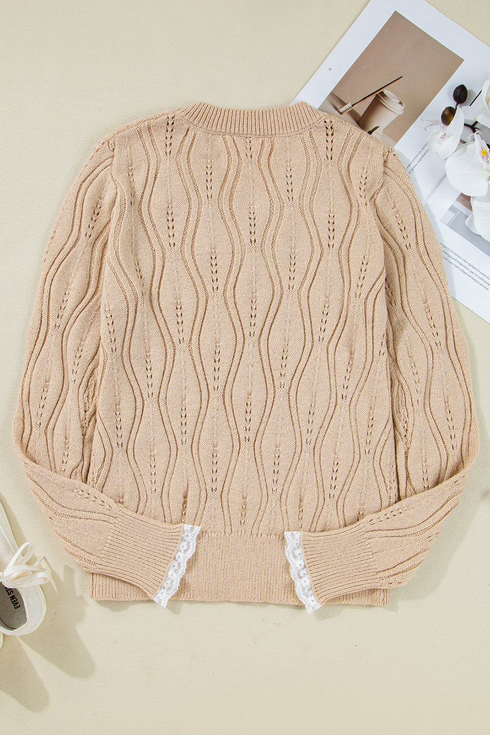 Smoke Gray Pearl Beaded Pointelle Knit V Neck Lace Patchwork Sleeve Sweater