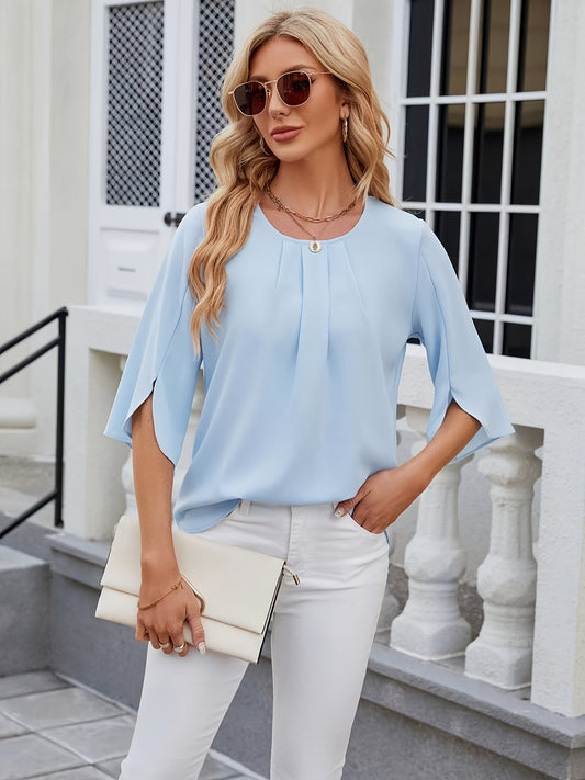 Solid Crew Neck Tucked Blouse, Casual Split Half Sleeve Blouse