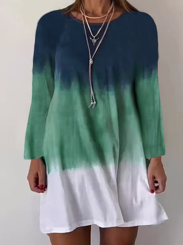 Ombre Color Crew Neck Casual Long Sleeve Dress