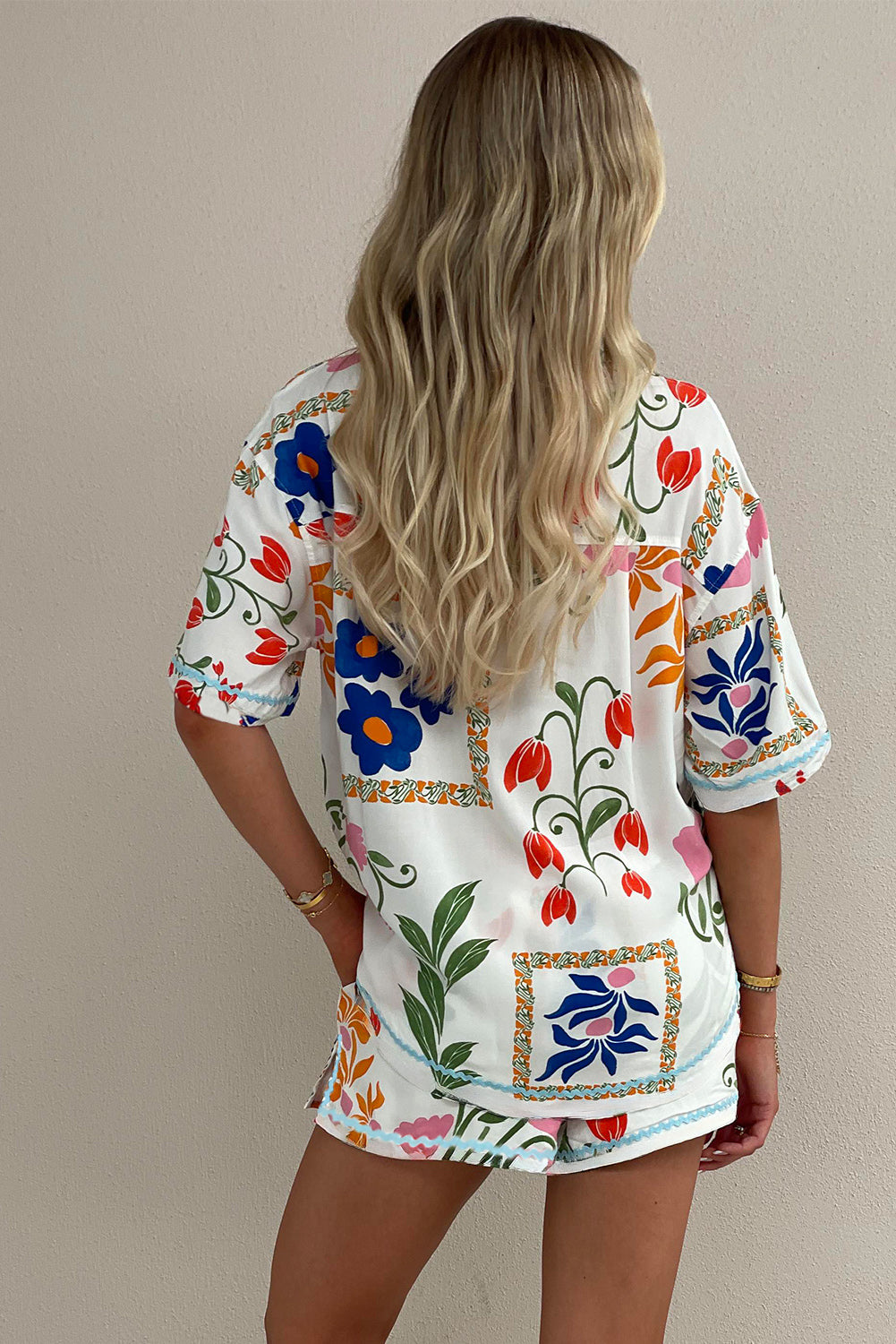 Ricrac Trim Floral Short Sleeve Shirt and Shorts Outfit