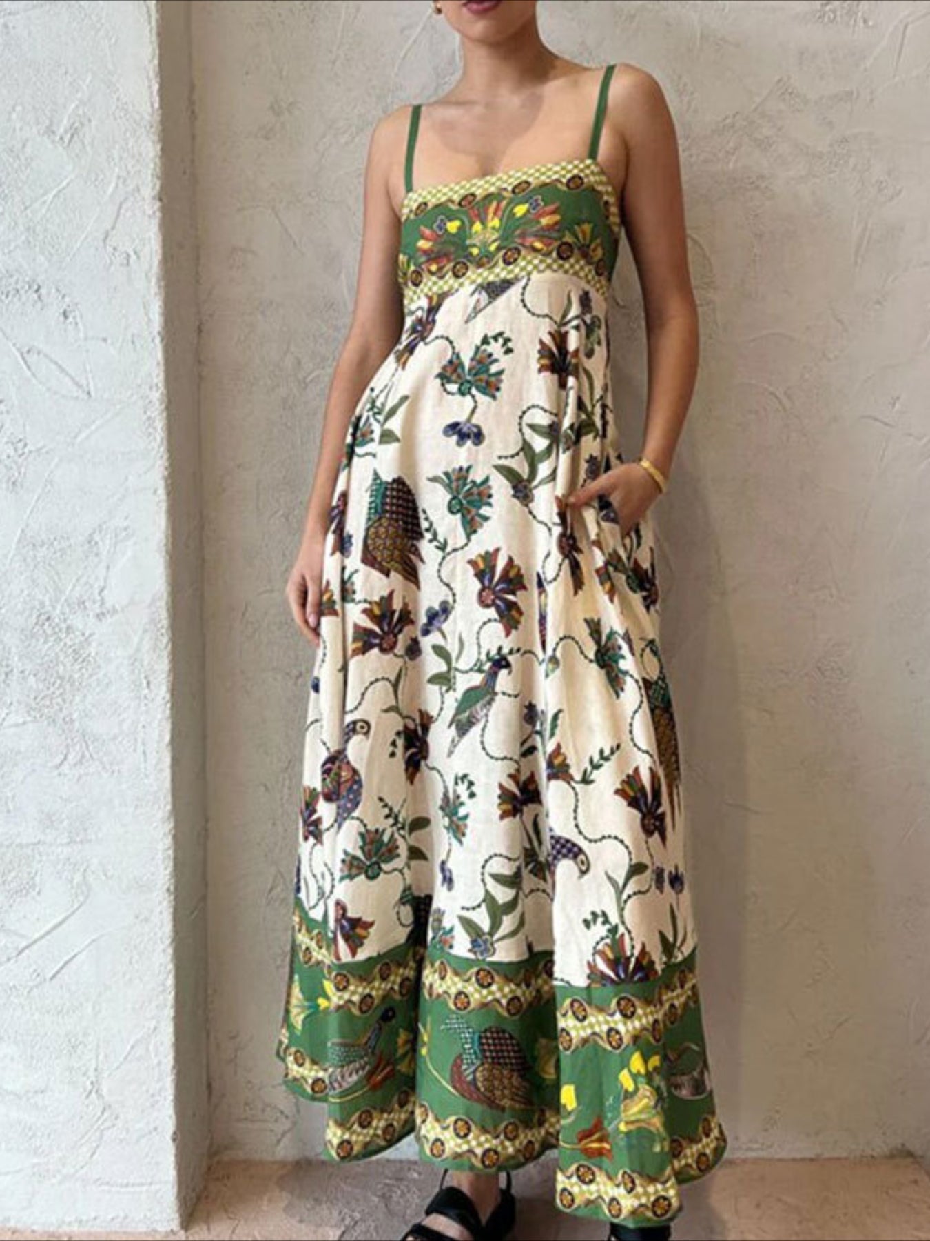 Cartoon Drawstring Print Shirred Cami Dress, Elegant Sleeveless Spaghetti Strap Dress