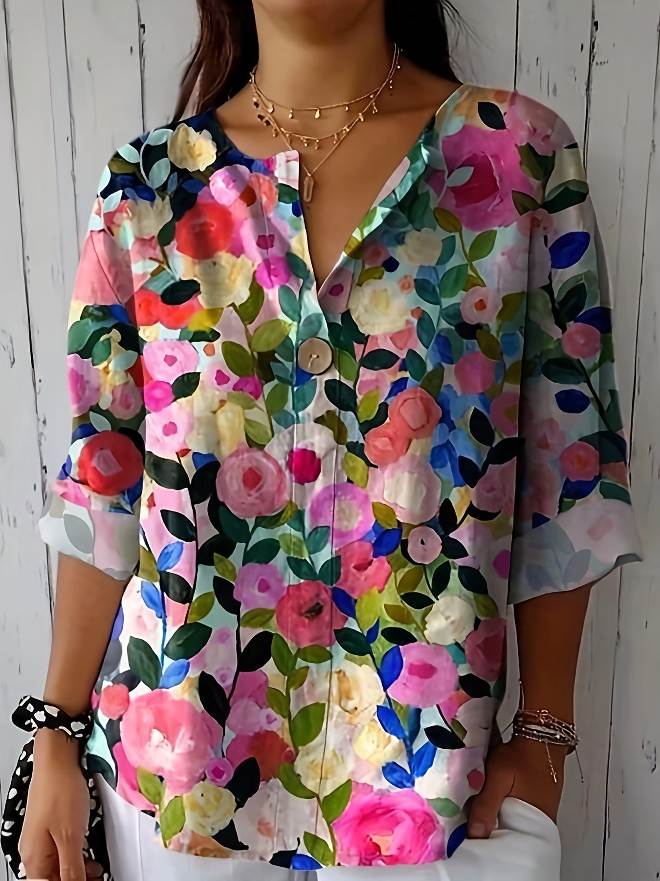 Floral Print Decorative Fake Buttons Notched Collar Blouse