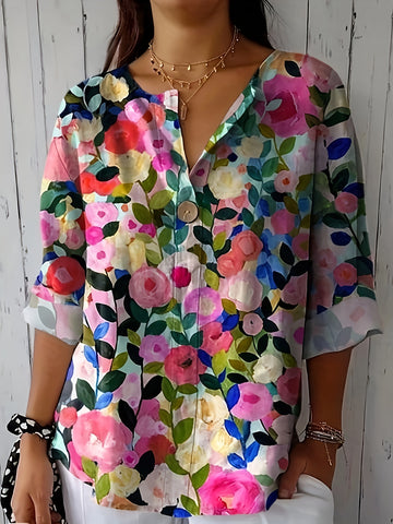 Floral Print Decorative Fake Buttons Notched Collar Blouse