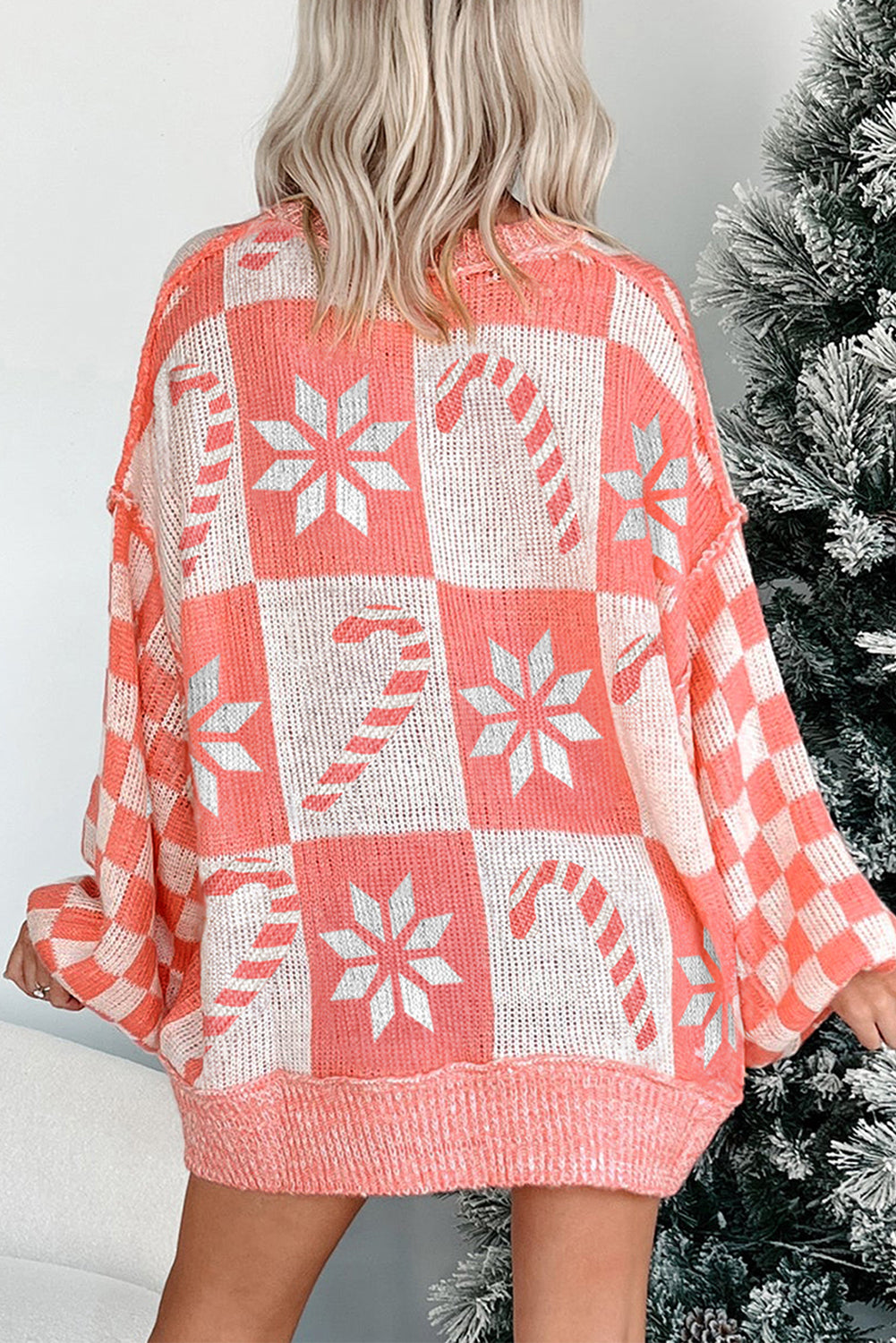 Pink Candycane Snowflake Checker Christmas Holiday Drop Shoulder Tunic Loose Sweater