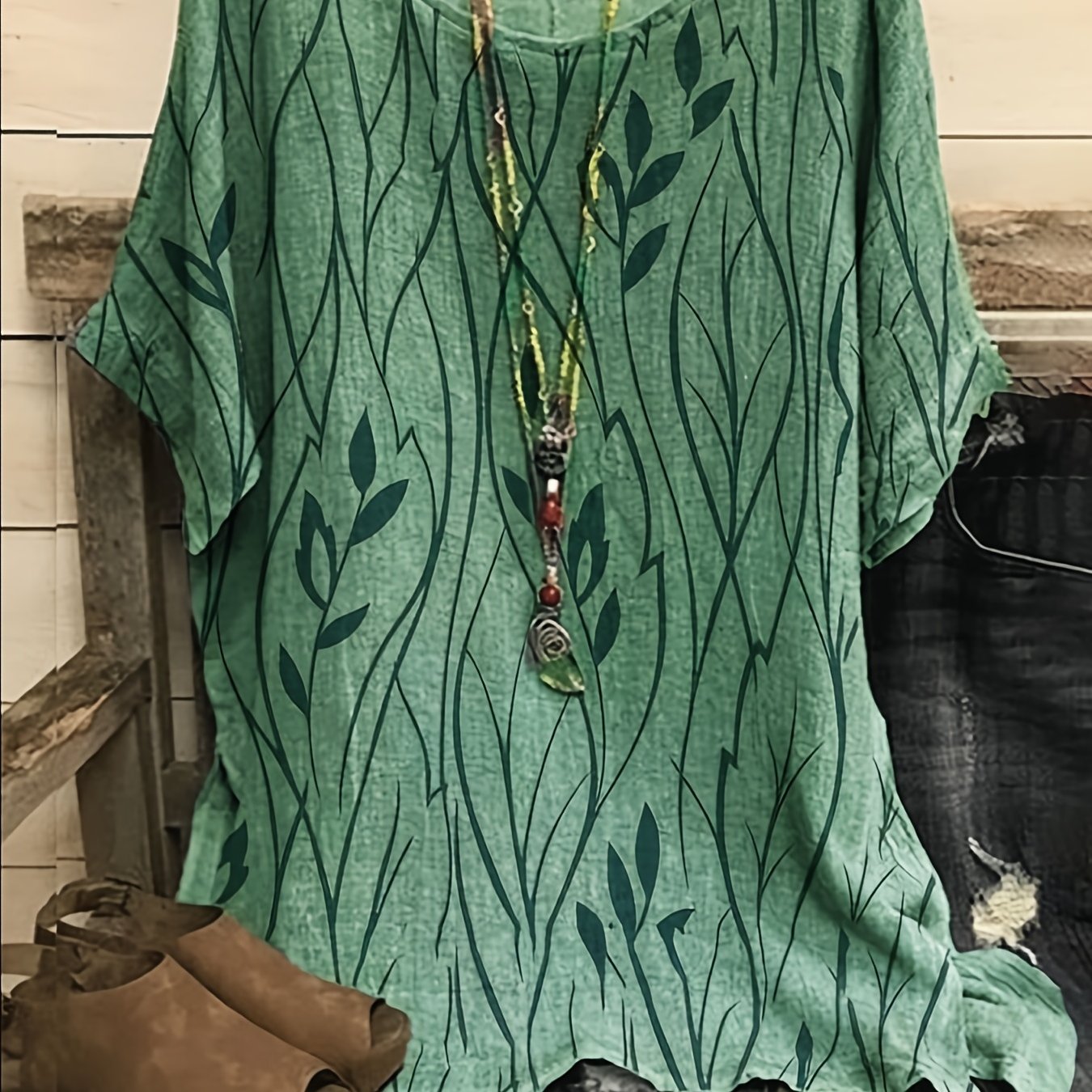 Print Crew Neck Blouses, Casual Loose Half Sleeve Fashion Shirts Tops, Women's Clothing