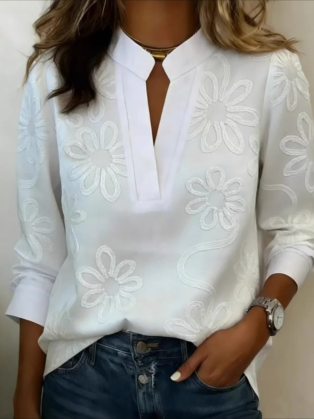 V-Neck Button-Down Printed Long-Sleeve Shirt