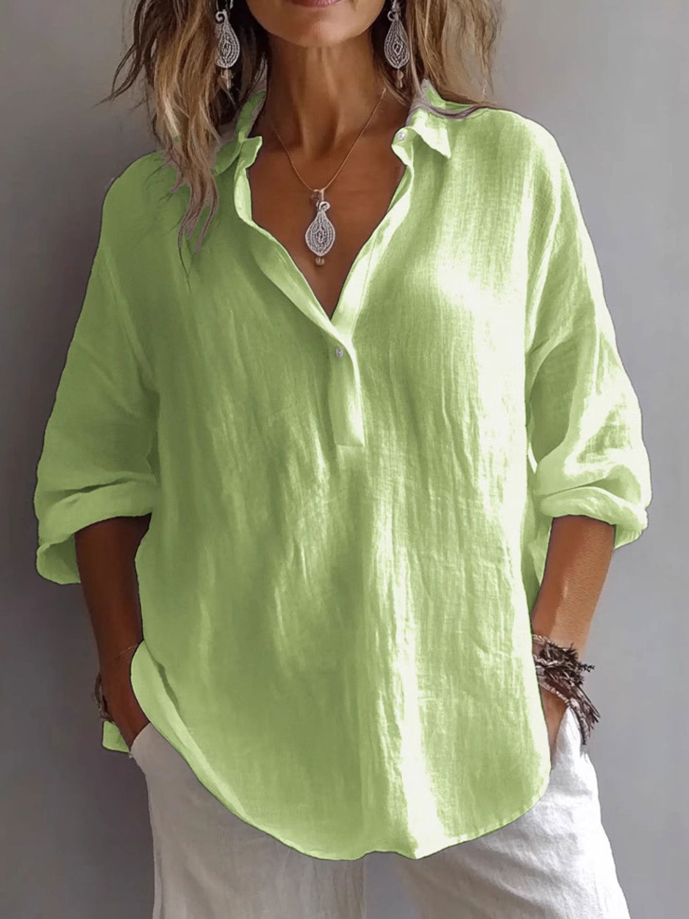Solid Color Loose Long-Sleeved Lavender Linen V-Neck Shirt