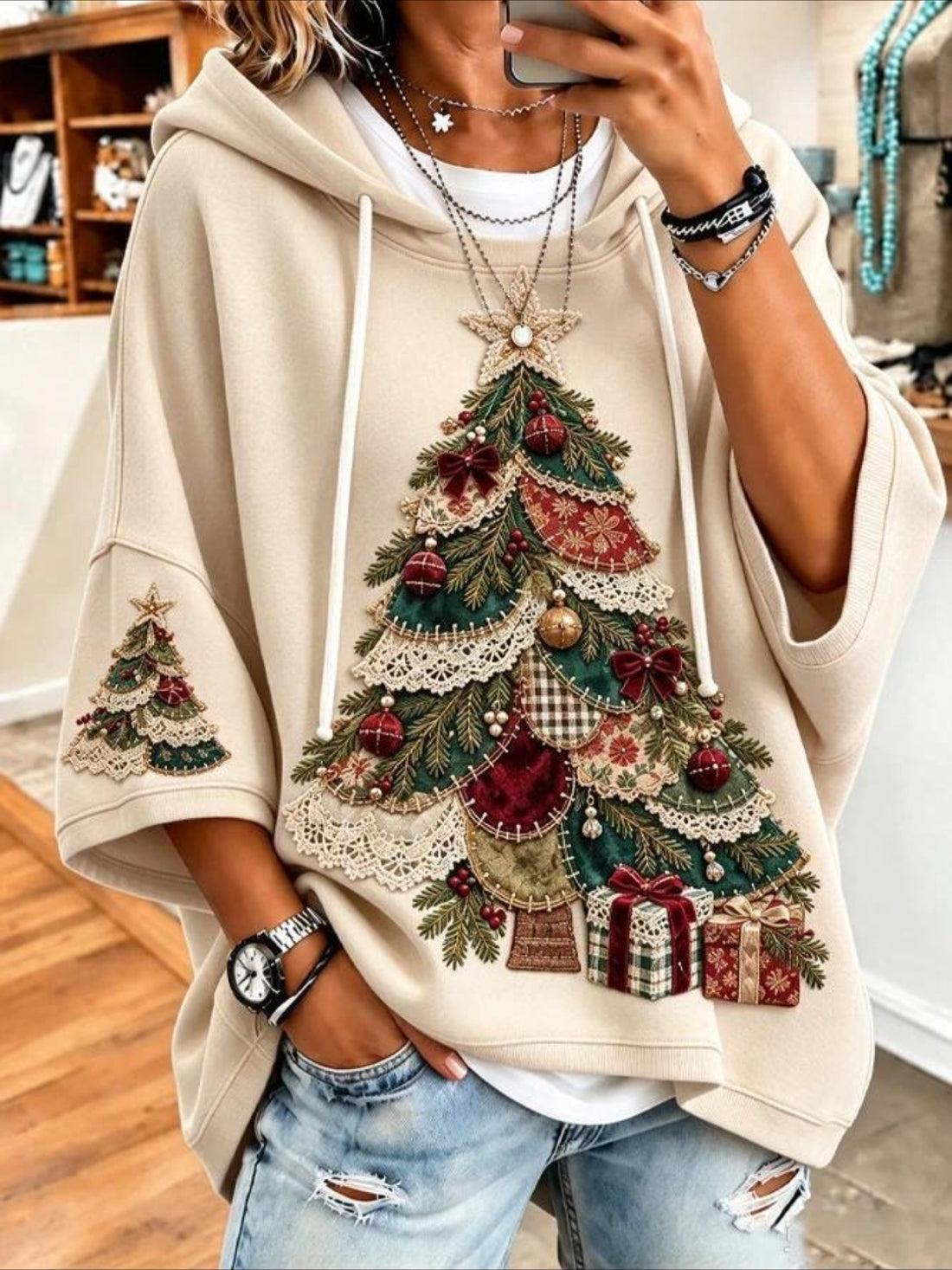 Christmas Tree Printing Half Sleeve Hoodie