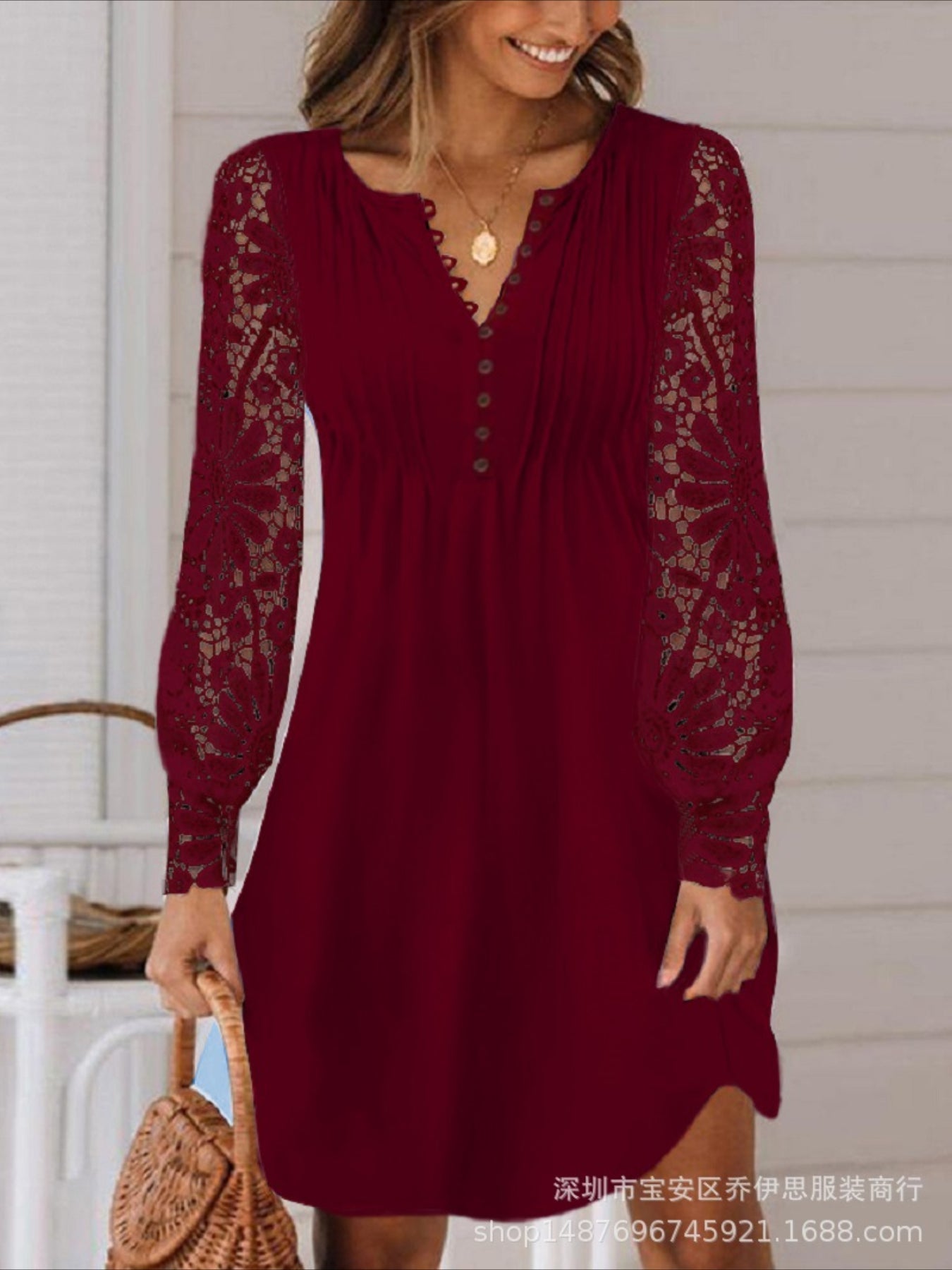 Women's Lace Button Date Vacation Elegant Split Neck Long Sleeve Lantern Sleeve Mini Dress