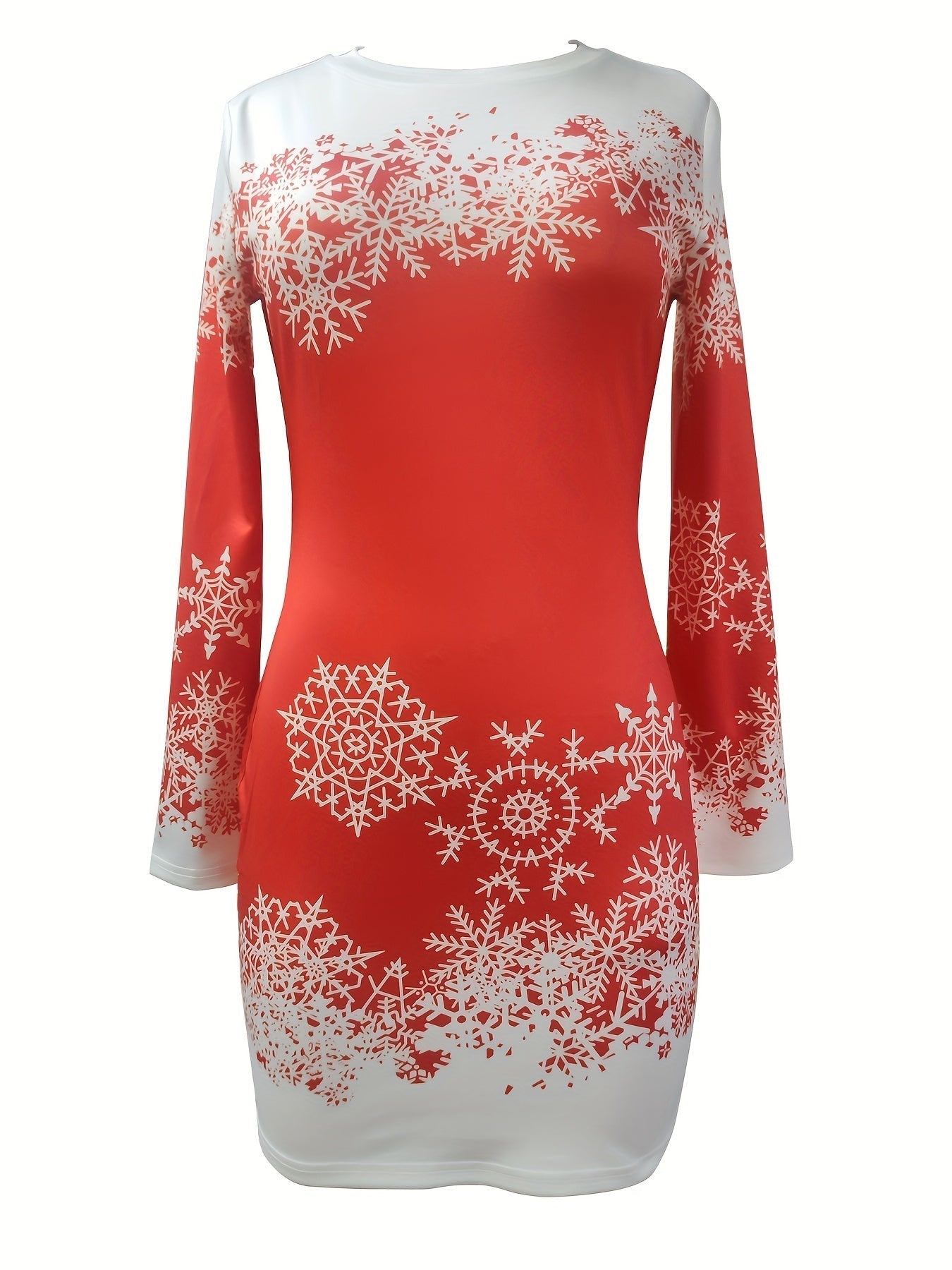 Christmas Snowflake Print Mini Dress, Casual Crew Neck Long Sleeve Dress