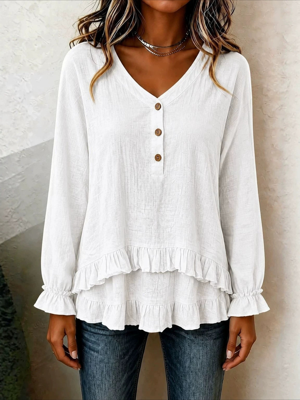 V-Neck Button Detail Long Sleeve Ruffle Hem Blouse