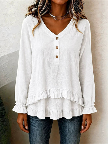 V-Neck Button Detail Long Sleeve Ruffle Hem Blouse