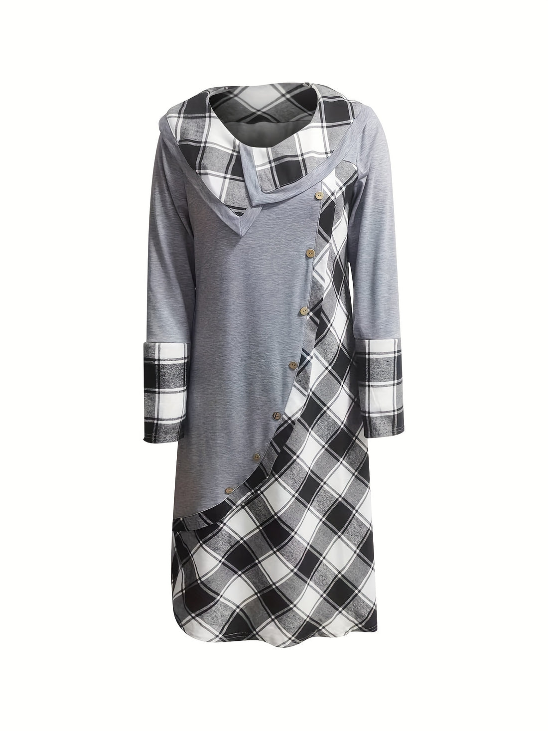 Plaid Print Splicing Dress, Casual Pile Collar Long Sleeve Dress