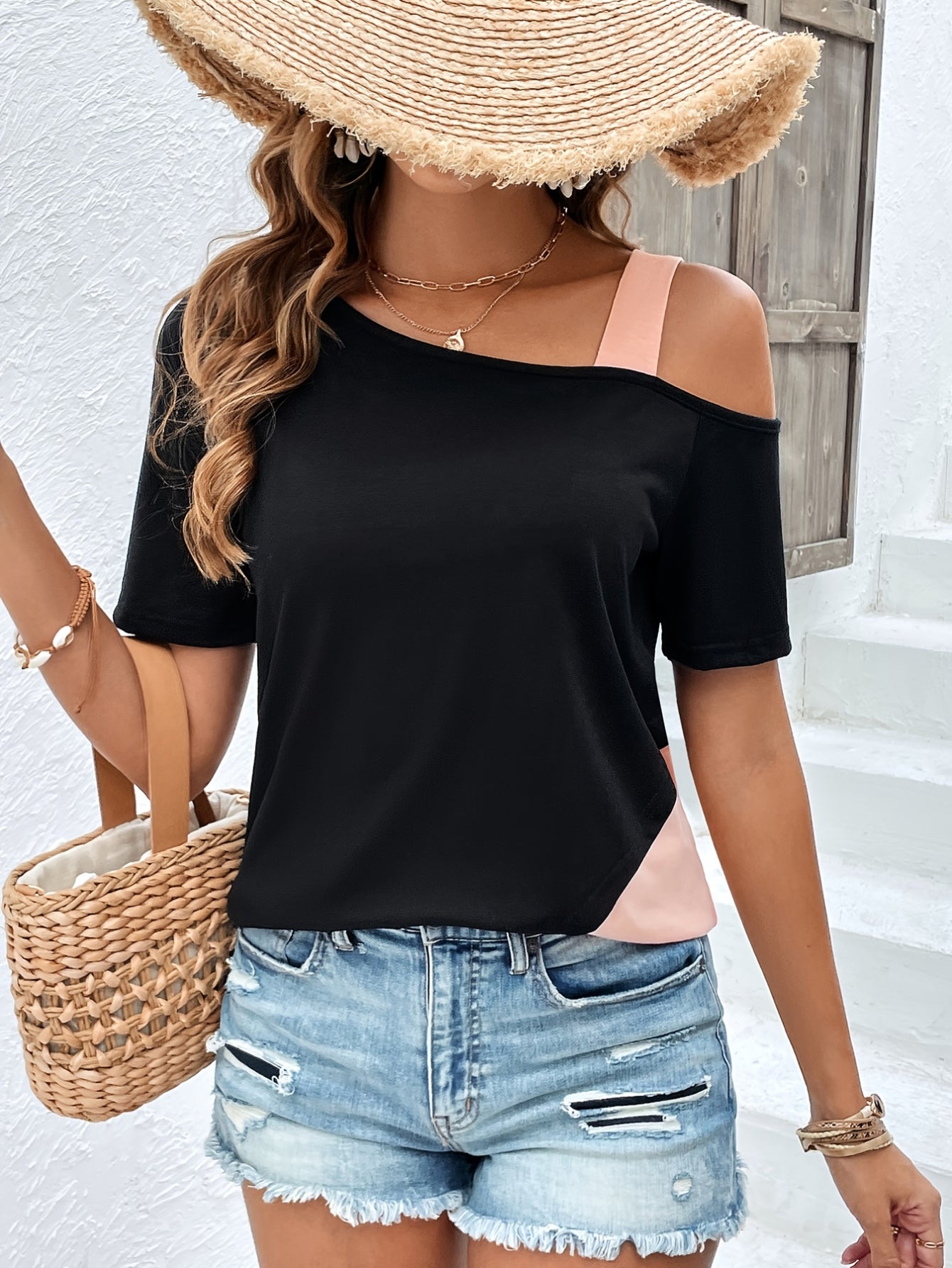 Women's Colorblock Cold Shoulder T-Shirt - Casual and Comfortable