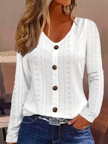 Eyelet Button Front T-Shirt, Casual V Neck Long Sleeve T-Shirt