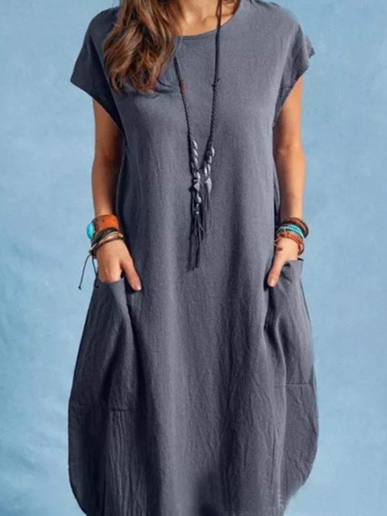 Dual Pockets Crew Neck Dress, Casual Short Sleeve Dress