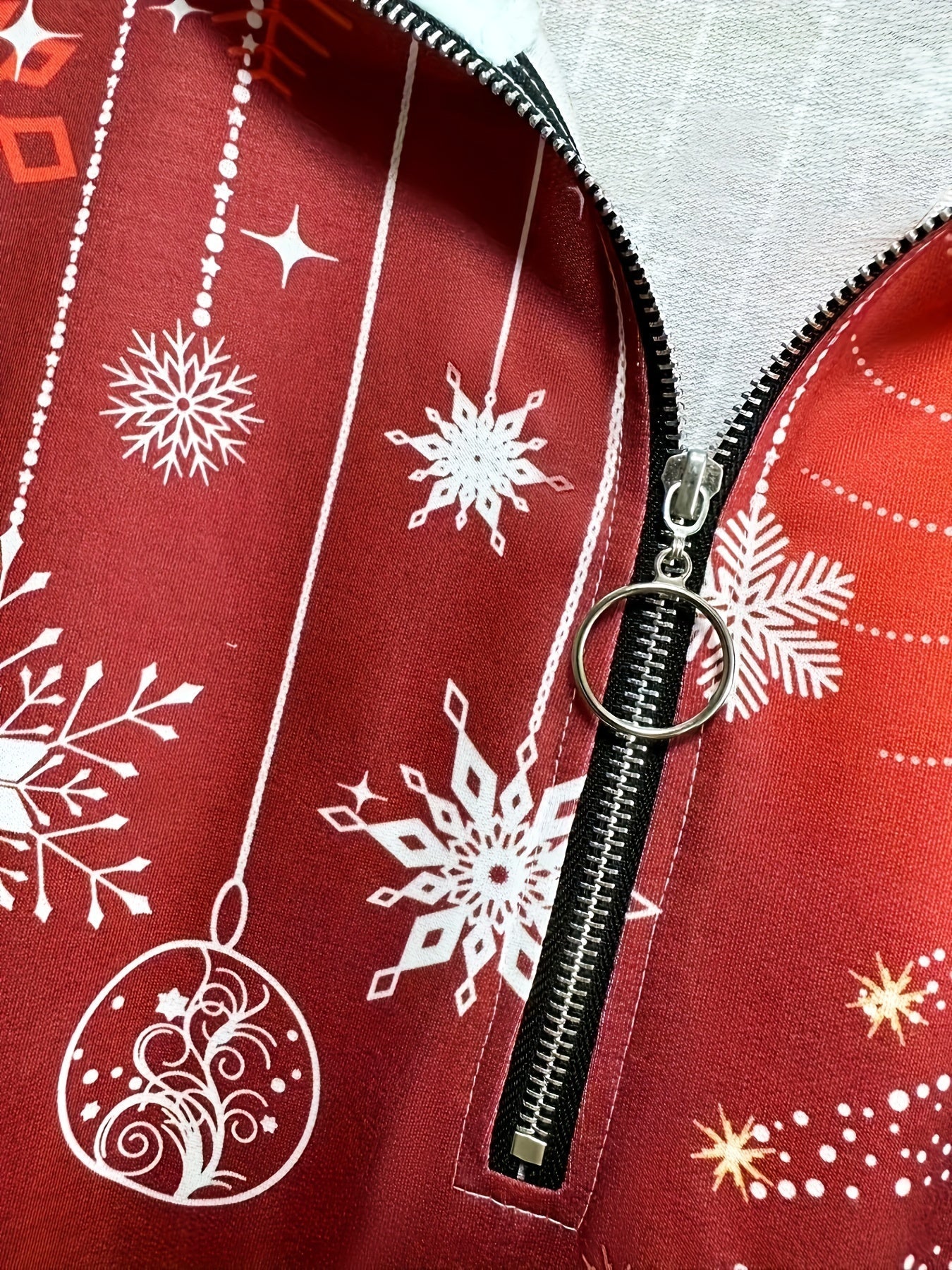 Christmas Print Zip Stand Collar Sweatshirt, Casual Long Sleeve Loose Sweatshirt