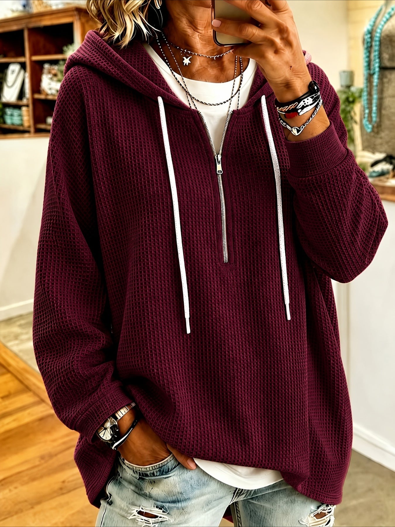 Drawstring Hooded Waffle Weave Loose Fit Zipper Long Sleeve Sweatshirt