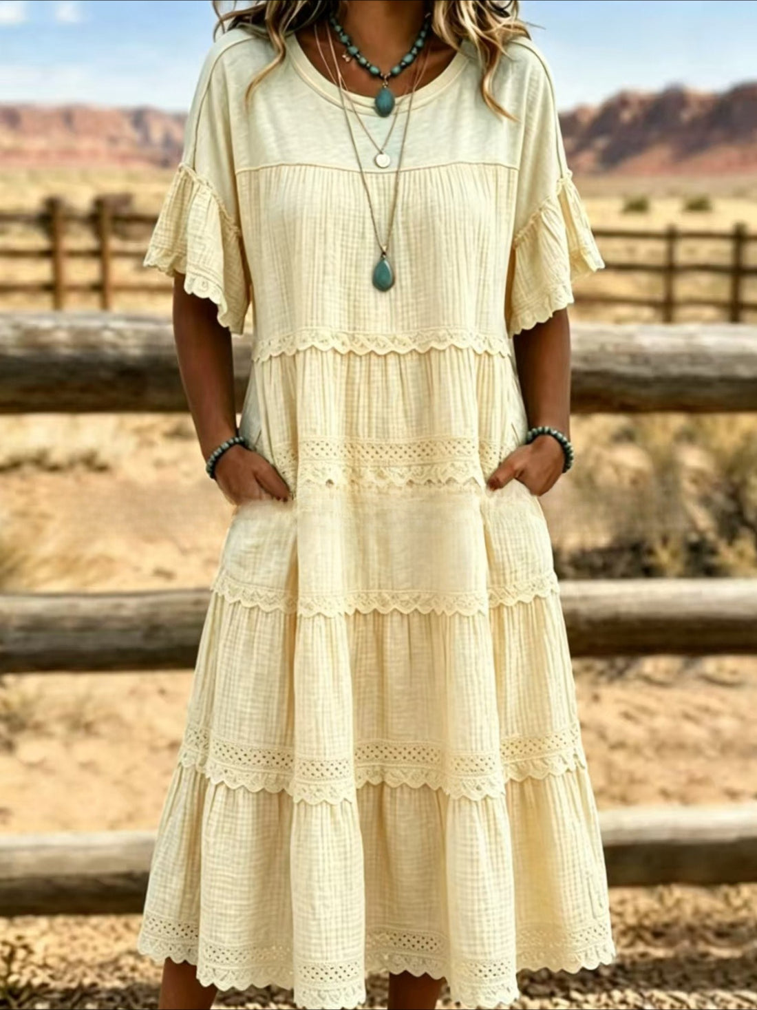 Round Neck Flutter Sleeve Lace Trim Tiered Midi Dress with Pockets