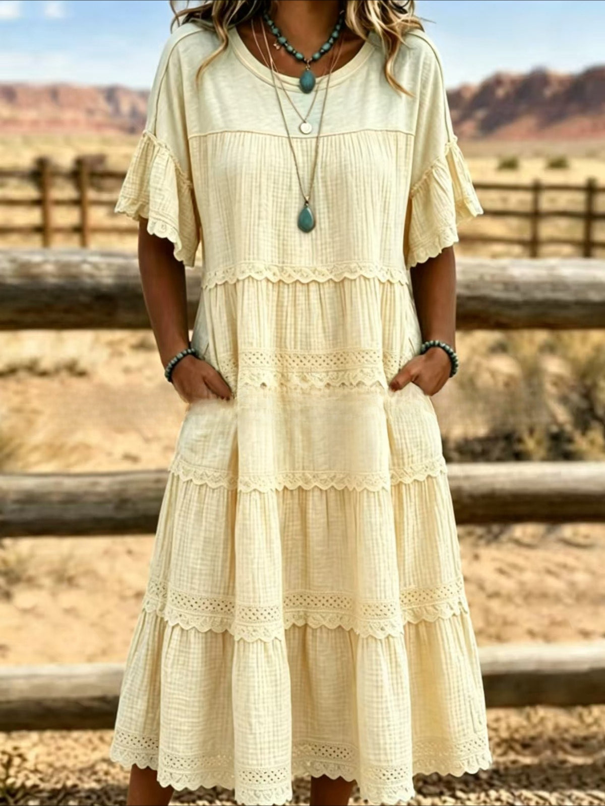 Round Neck Flutter Sleeve Lace Trim Tiered Midi Dress with Pockets
