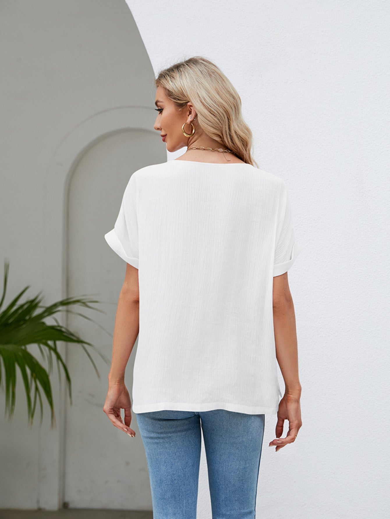 Solid Rolled Short Sleeve T-Shirt, Casual Crew Neck T-Shirt