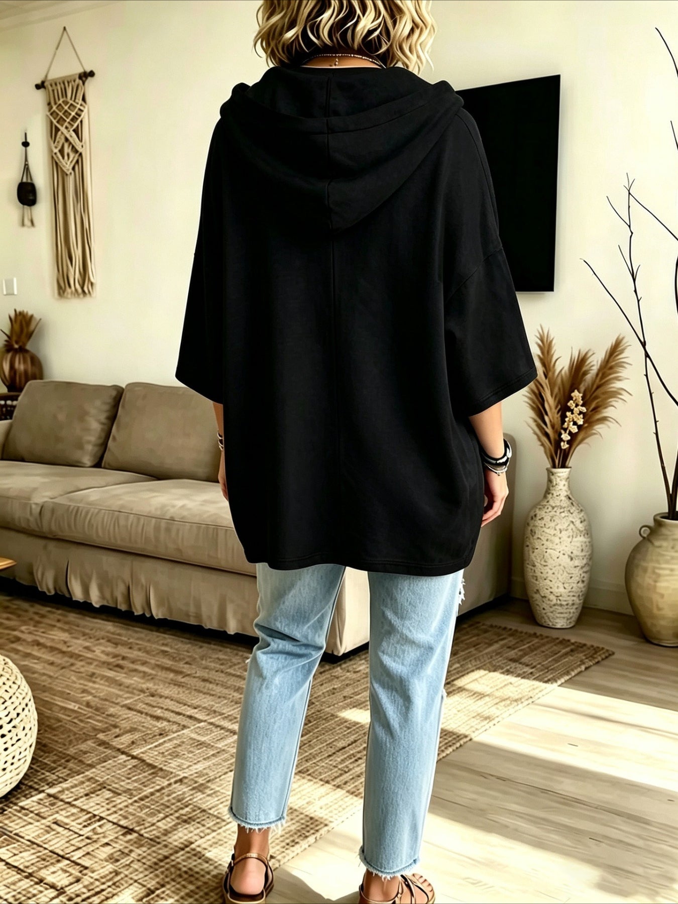 Seven-quarter Sleeves Solid Color Casual Hooded Sweatshirt