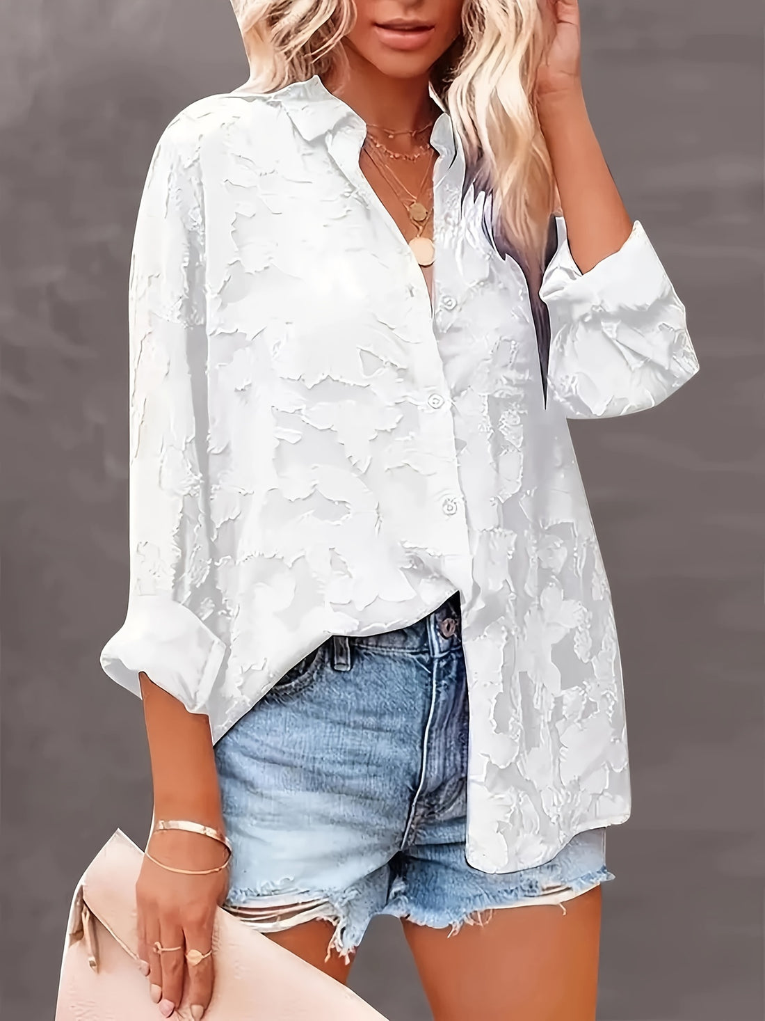 Jacquard Button Up Sheer Loose Blouse, Elegant Long Sleeve Blouse For Spring & Fall, Women's Clothing