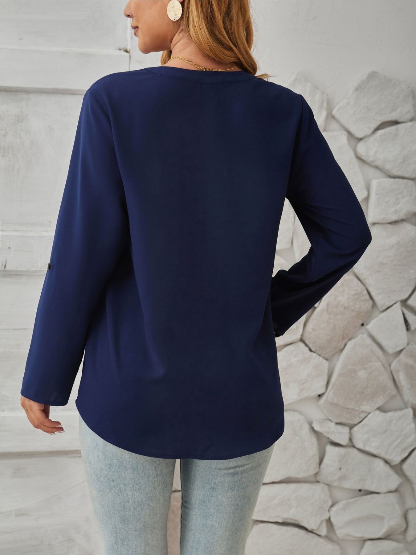 V-Neck Solid Color Comfortable Breathable Casual Long Sleeve Top