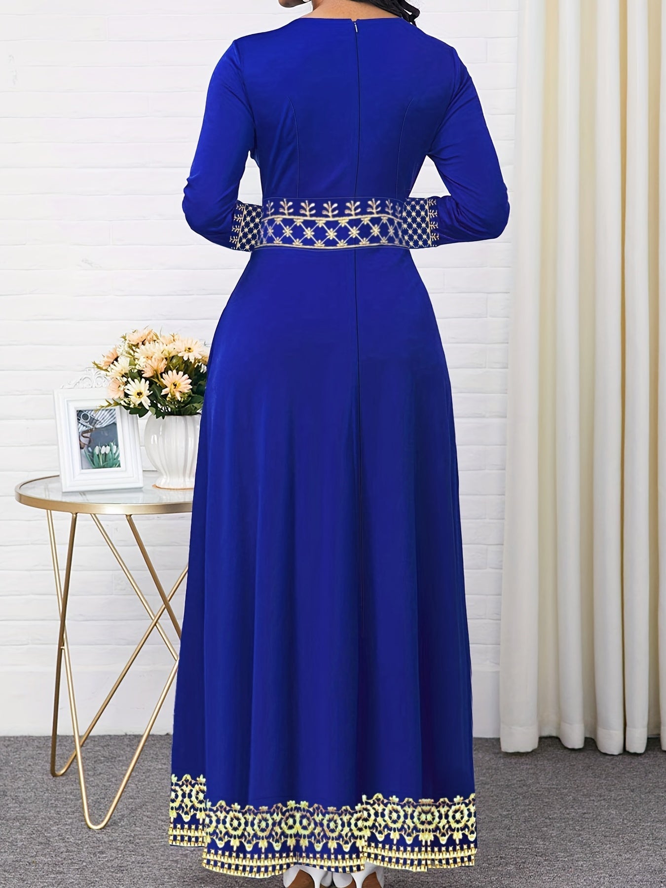 Vintage Print Long Sleeve Elegant Dress, Crew Neck Long Sleeve Dress