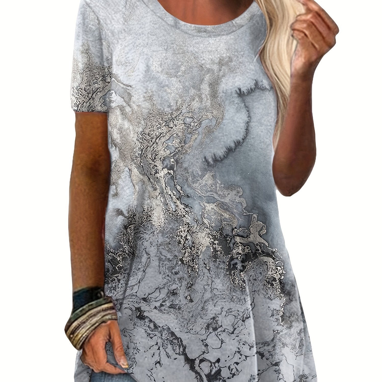 Marble Print Crew Neck T-shirt, Casual Short Sleeve Summer Mid Length T-shirt