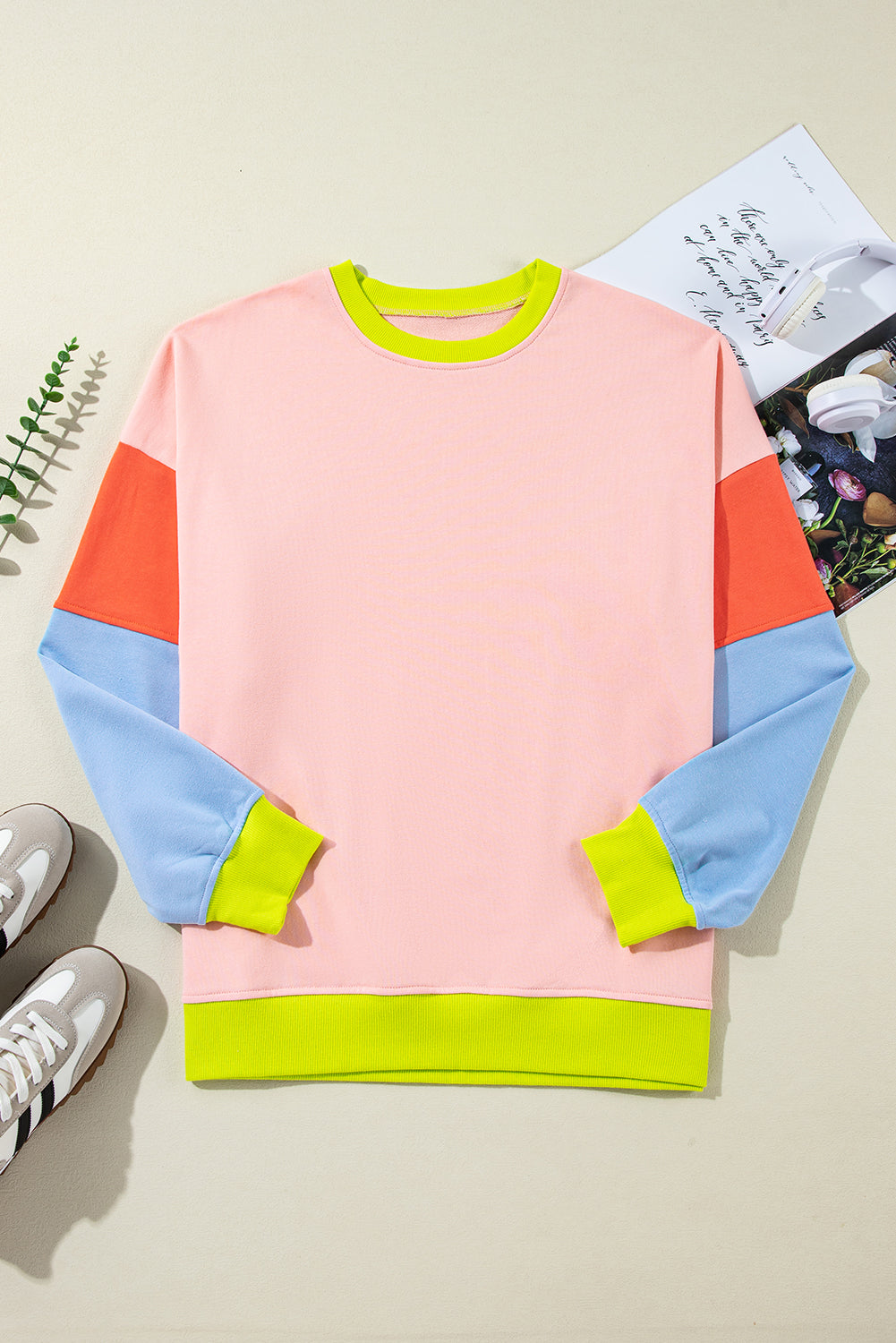 Light Pink Plus Size Colorblock Patchwork Crew Neck Sweatshirt