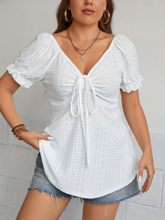 Elegant Top, Women's Eyelet Embroidered Shirred Tie Front Puff V Neck Short Sleeve Ruffle Trim Blouse