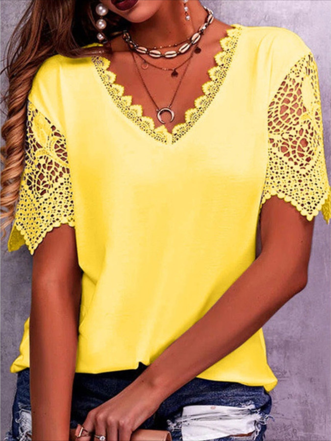 Pure Color Lace Patchwork Short Sleeve T-shirt