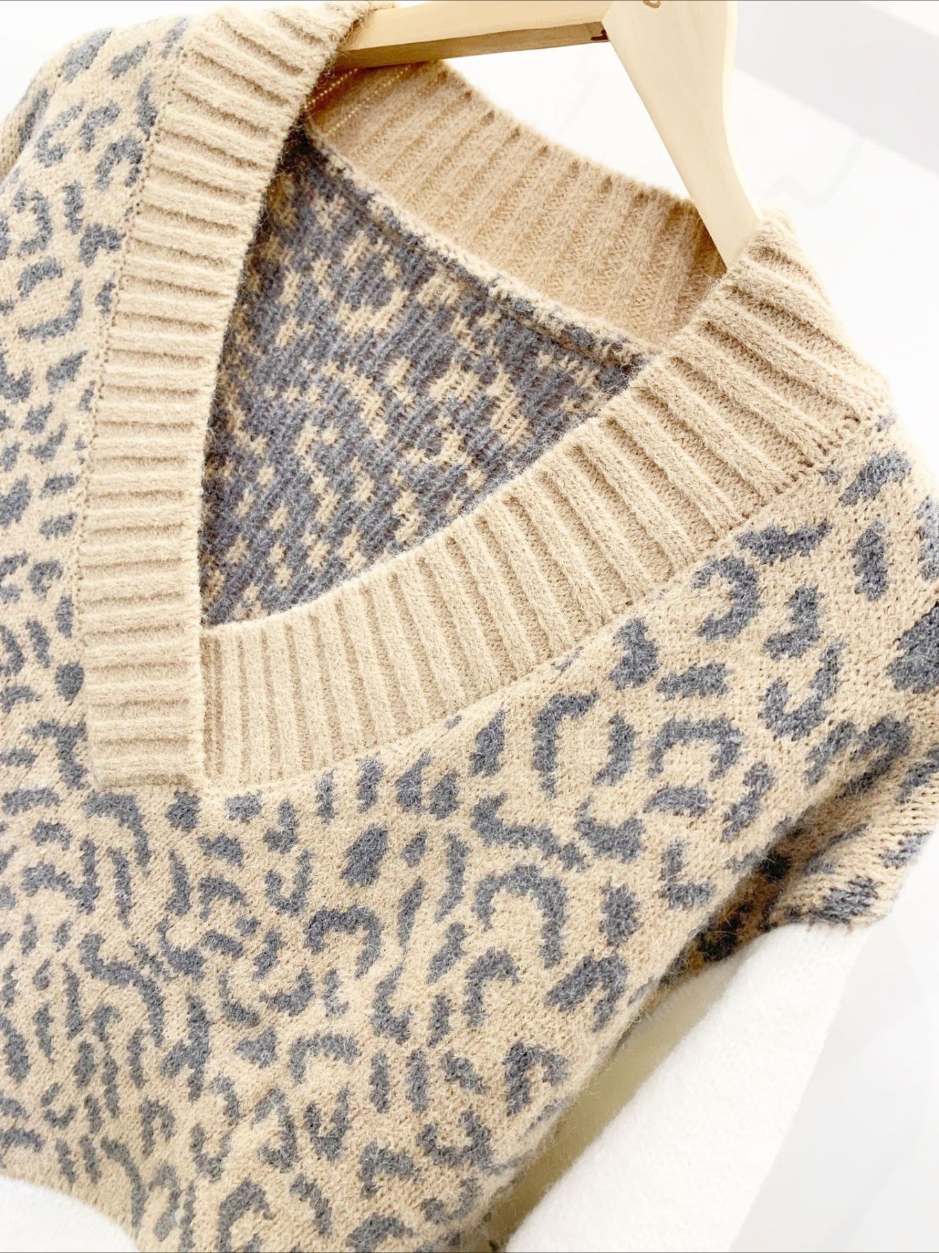 Patchwork Leopard Long Sleeve V Neck Sweater
