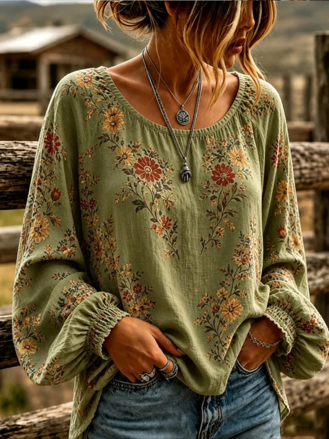 Daisy Floral Crew Neck Long Sleeve Blouse