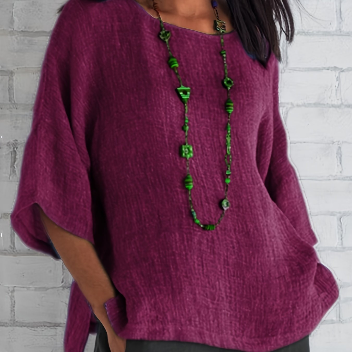 Crew Neck Loose Blouses, Casual Solid Color 3/4 Sleeve Summer Shirts Tops