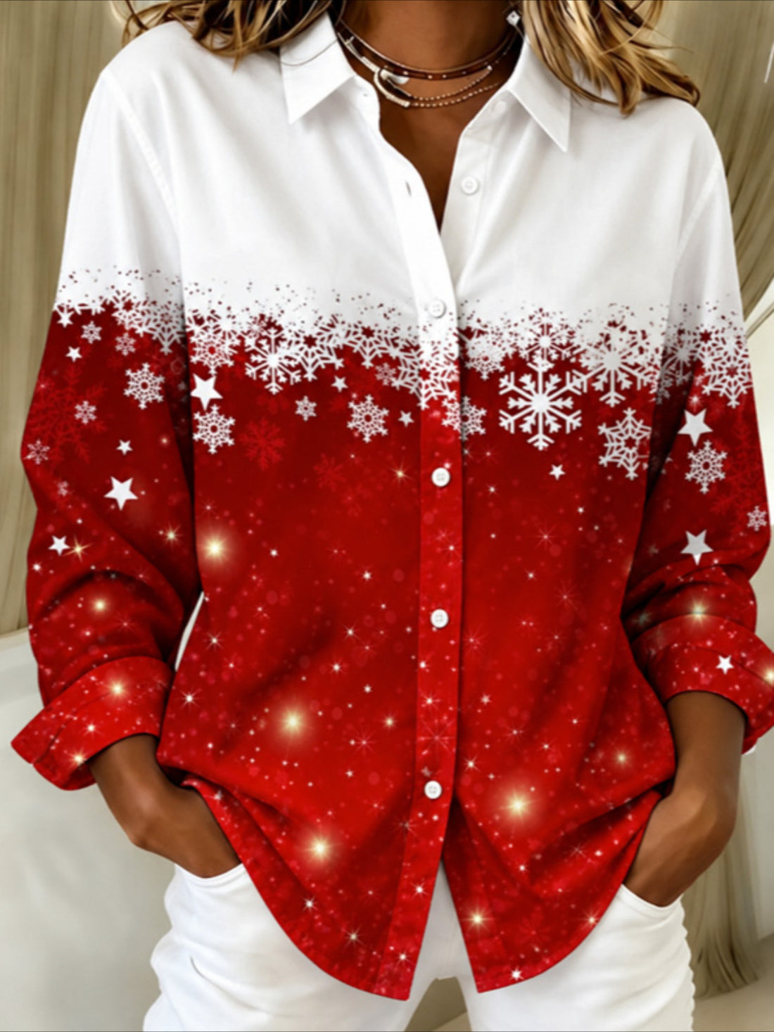 Color-Block Snowflake Christmas Patterns Long Sleeve Plain Regular Micro-Elasticity Regular Fit Shirt
