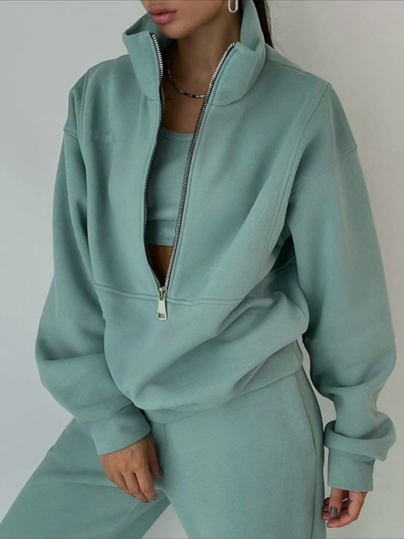 Cozy Fleece Zip-Up Top & Loose Pants Two-Piece Set