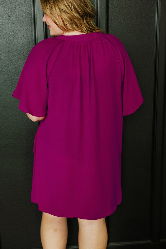 Rose Red Notched Neck Wide Sleeve Pleated Plus Size Dress
